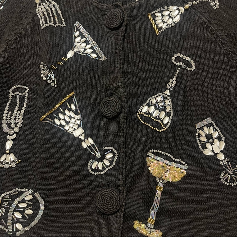 Vintage Michael Simon Cardigan Sweater Black Jeweled Martini Glasses Size M - Picture 8 of 16